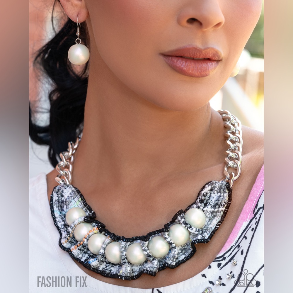 Paparazzi Silver and White Pearl Statement Necklace And Earring Set